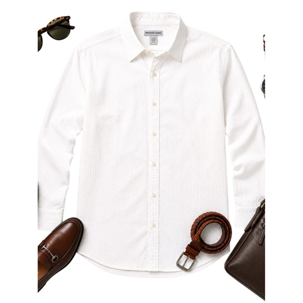 Pronto Uomo White Textured Dress Shirt Mens XL Long Sleeve Career Office Shirt